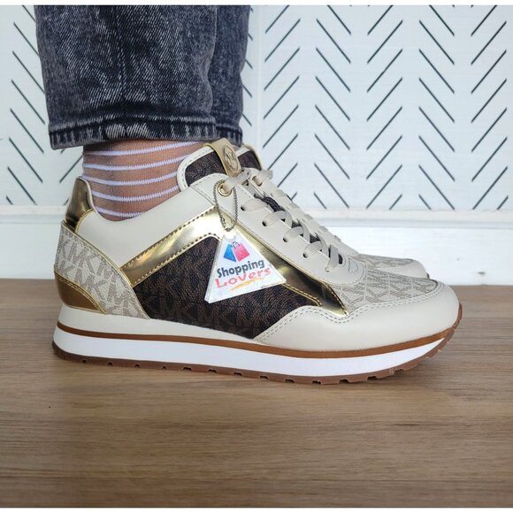 🤩Michael Kors Maddy Mixed Media Trainer Size 8 Women Casual Shoes Vanilla Gold - Picture 2 of 11